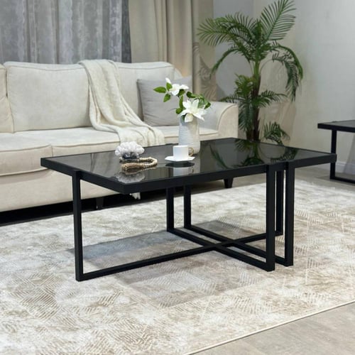 طقم طاولة ضيافة حديد أسود سطح زجاج أسود مع 4 خدمة