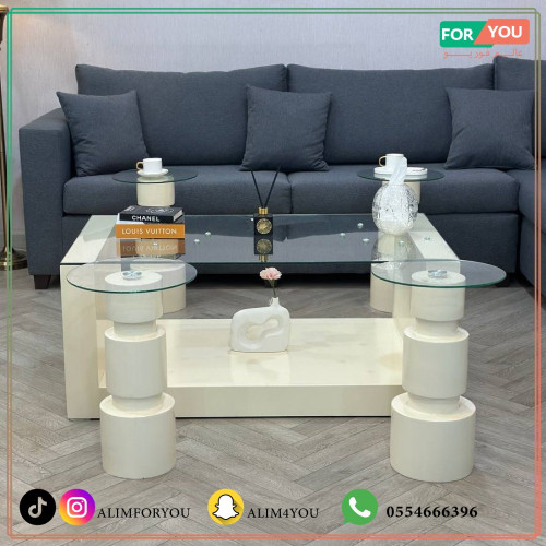 طقم طاولات ضيافة 5 قطع زجاج شفاف وقواعد خشبية بيضا...