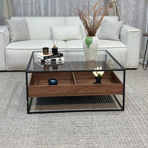 طاولة ضيافة سطح زجاج شفاف خشب مقسم بني