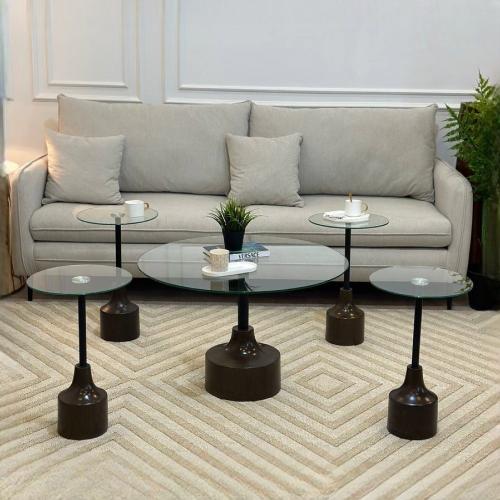 طقم طاولات ضيافة 5 قطع زجاج شفاف وقواعد بنية