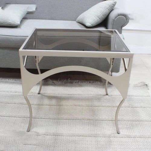 طقم طاولات ضيافة 5 قطع زجاج بني وهيكل حديد شمباني...