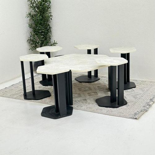 طقم طاولات ضيافة 7 قطع بديل حجر ملمس خشن وقاعدة أس...