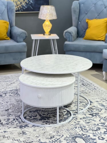 طقم طاولتين بدرج ابيض سطح خشب شكل رخام TL