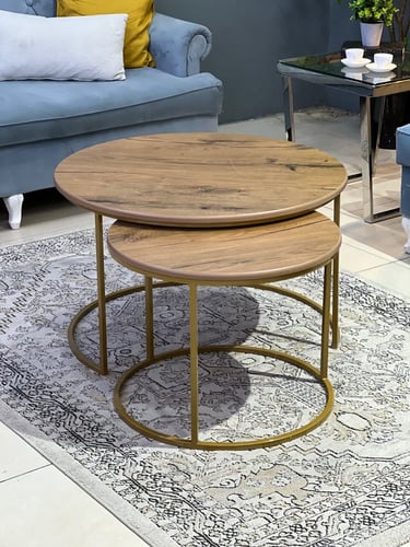 طقم طاولتين حديد ذهبي سطح خشب بني شكل رخامAB