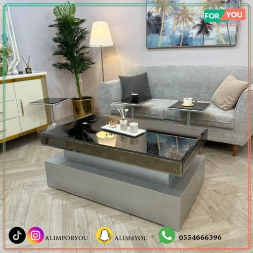 طقم طاولات ضيافة 7 قطع زجاج أسود وقواعد هرمية فضية