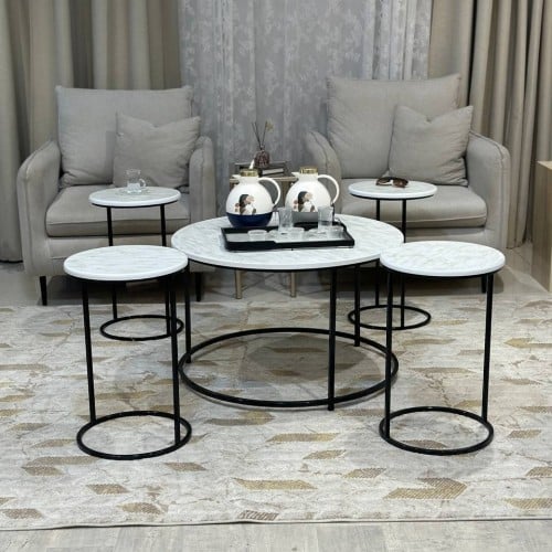 طقم طاولات ضيافة 5 قطع خشب شكل رخام وقاعدة أسود دا...