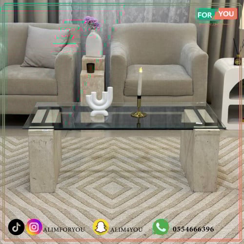 طاولة ضيافة بسطح زجاجي وبقواعد رخام