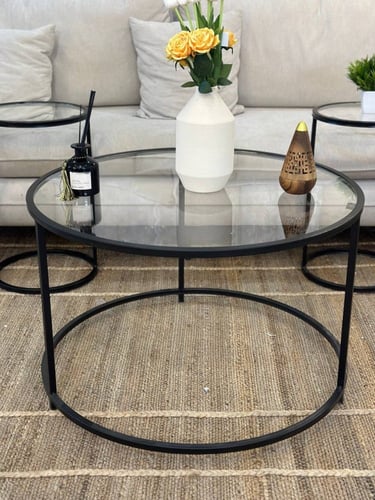 طقم طاولات ضيافة 5 قطع زجاج شفاف وهيكل حديد أسود د...