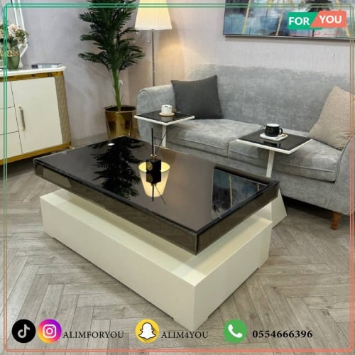 طقم طاولات ضيافة 7 قطع زجاج أسود وقواعد هرمية بيضا...