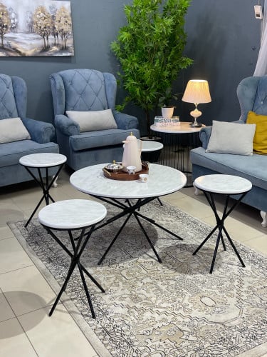 طقم طاولات 5 قطع خشبي أبيض وأرجل X سوداء