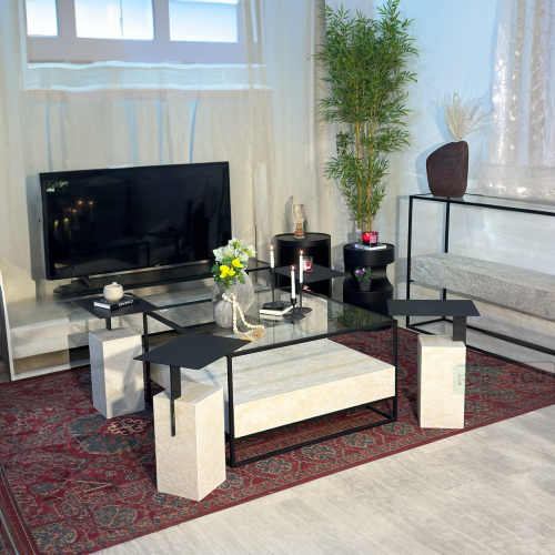 طقم طاولات ضيافة 5 قطع زجاج شفاف سطح مربع وقاعدة ب...