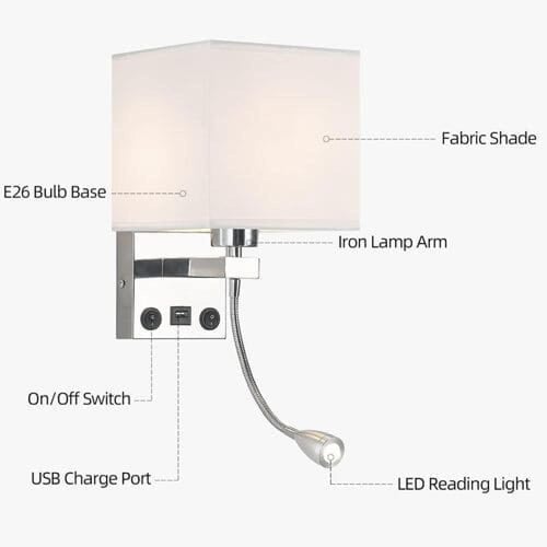 اضاءة جدارية مودرن فضية طربوش قماش مزود USB-C- اضا...