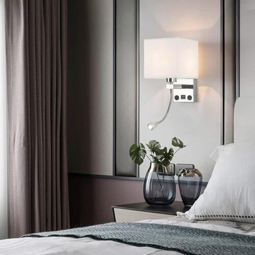 اضاءة جدارية مودرن فضية طربوش قماش مزود USB-C- اضا...