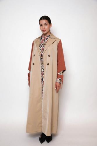Apricot beige trench abaya with long sleeves dress