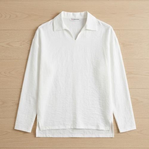 قميص بولو أبيض بأكمام طويلة وتصميم واسع (Casual Long-Sleeve Polo)