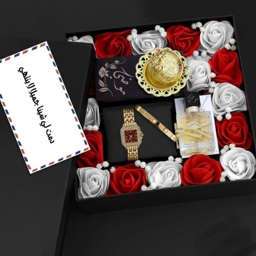 بوكس هدية نسائية ساعه مع عطر وسواره ومبخره بتغليف...