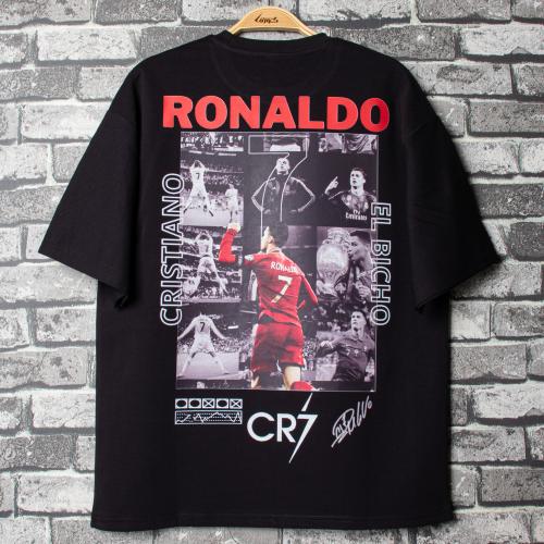 تيشيرت أوفر سايز أسود بتصميم كريستيانو رونالدو CR7