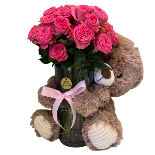 Natural flower vase with teddy bear