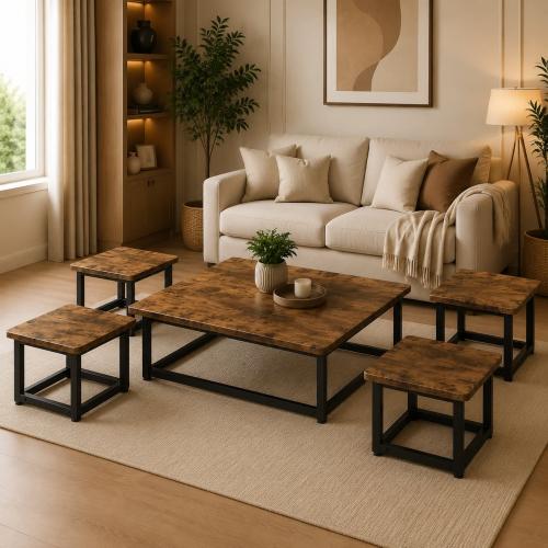 طقم طاولات أرضية (1+4) بتصميم خشبي ريفي – TS109 BROWN