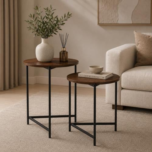 طقم طاولات خدمة خشبية دائرية (BROWN ST302) – لمسة من الأناقة العصرية لمنزلك