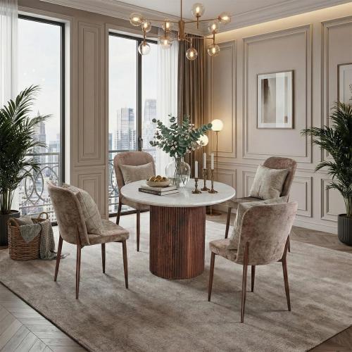 طقم طاولة طعام دائرية فاخرة مع 4 كراسي - تصميم عصر...