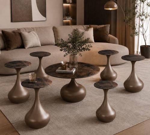 طقم طاولات ضيافة سيراميك دائري فاخر 7 قطع (1+6) - موديل SHS-036 BROWN