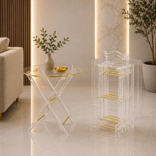 طقم طاولات خدمة أكريليك شفاف ACT-111 GOLD - 4 طاولات قابلة للطي مع حامل فاخر