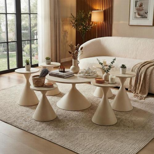 طقم طاولات ضيافة وخدمة 7 قطع – تصميم عصري من خشب ا...