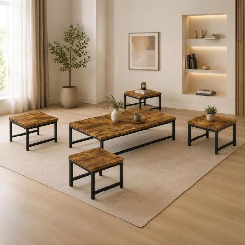 طقم طاولات شاي وقهوة أرضية خشبية 5 قطع (1+4) بتصميم ريفي حديث | TS115 BROWN A