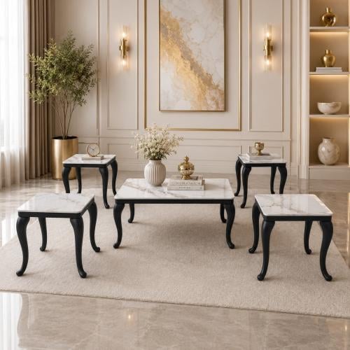 طقم طاولات ضيافة سيراميك مستطيل 5 قطع - أسود رخامي (CE-004)