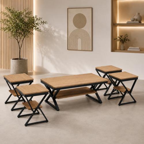 طقم طاولات ضيافة خشب ومعدن "WOOD 618" (5 قطع)