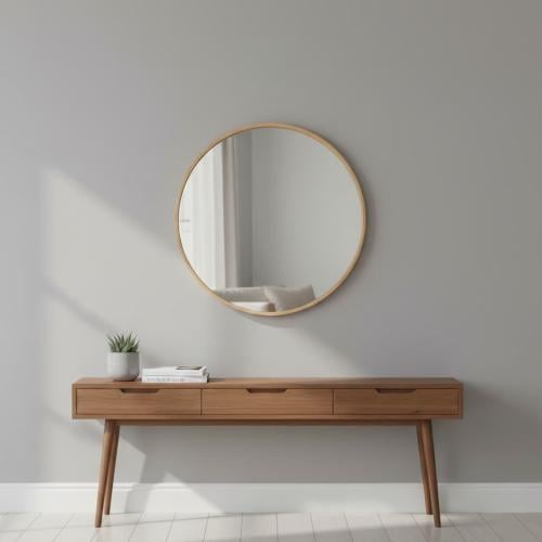 مرايا جدارية دائرية إطار خشب مودرن - مقاس 90×90 سم...