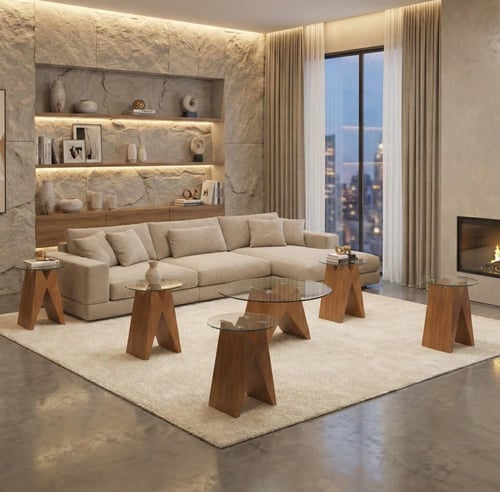 طقم طاولات ضيافة وخدمة 7 قطع مودرن – سطح زجاجي وقو...