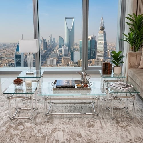 طقم طاولات ضيافة أكريليك وزجاج 5 قطع – تصميم فضي ف...