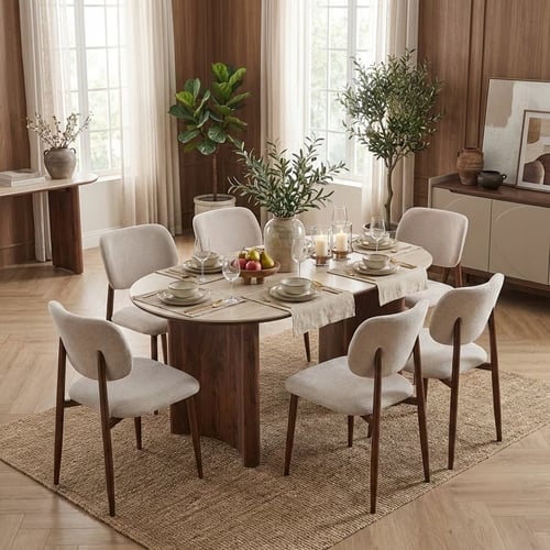 طقم طاولة طعام بيضاوية مودرن مع 6 كراسي خشب وقماش...