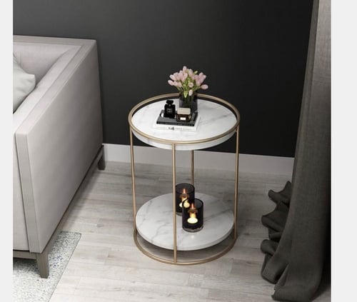 طاولة جانبية معدن ذهبي وسطح رخامي ابيض 40×60