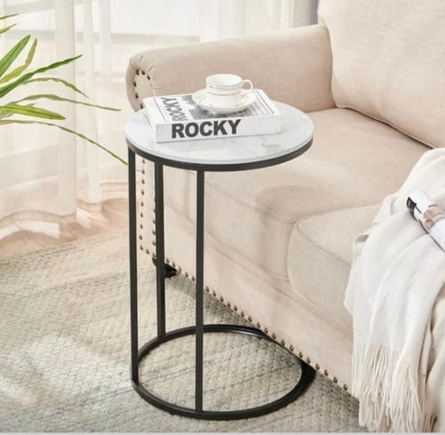 طاولة جانبية معدن أسود وسطح خشب رخامي أبيض 35×55