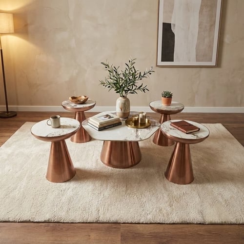 طقم طاولات ضيافة (1+4) سطح بديل رخام وقواعد نحاسية...