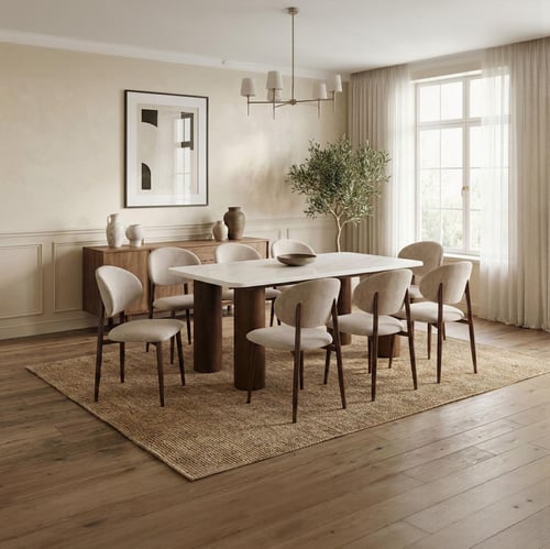 طاولة طعام رخام 8 كراسي بأرجل خشبية اسطوانية وتصمي...