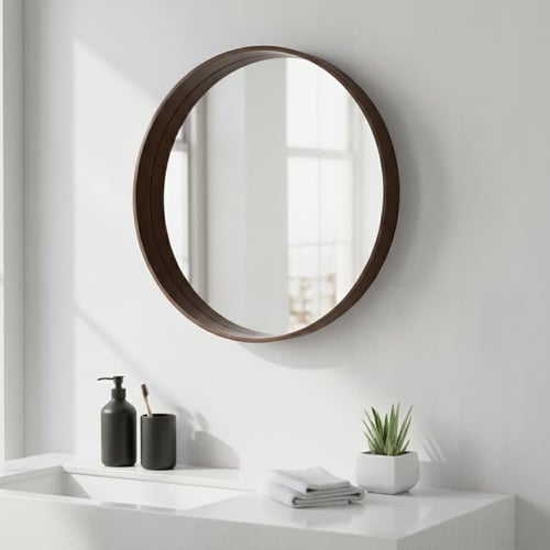 مرايا دائرية جدارية بإطار خشبي مودرن - مقاس 80×80...