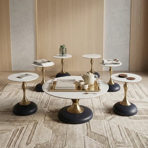 طقم طاولات ضيافة سيراميك (1+6) سطح رخامي فاخر مع ق...