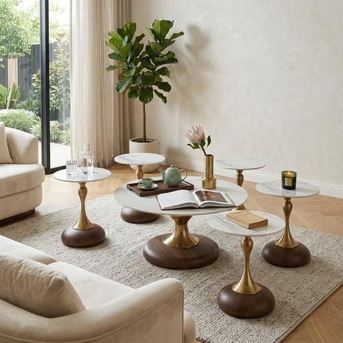 طقم طاولات ضيافة وخدمة (1+6) – سطح سيراميك رخامي و...