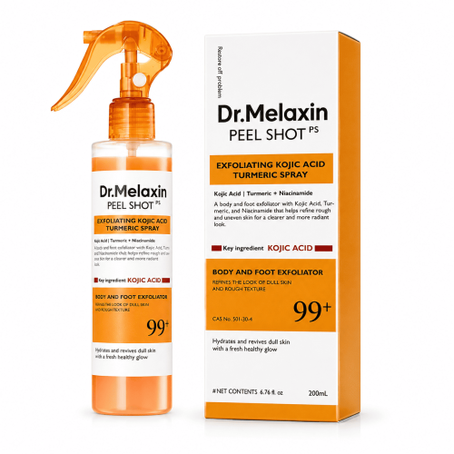 Body and foot exfoliating spray with kojic acid an...