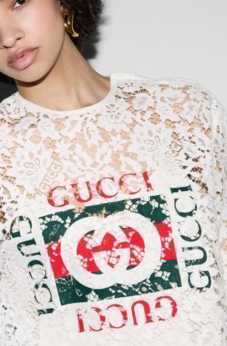 2024 بلوزة قوتشي من القطن والدانتيل المُزهر مزيّنة