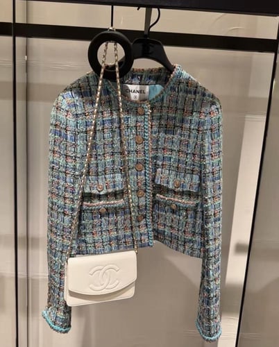 2025 سترة شانيل جاكيت تويد أخضر فيروزي