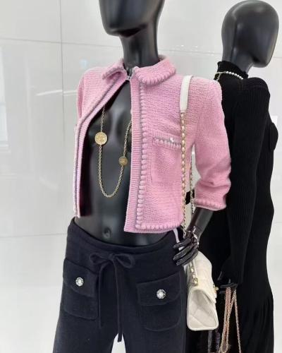 2015 سترة شانيل جاكيت قطن حريري أبيض أو وردي