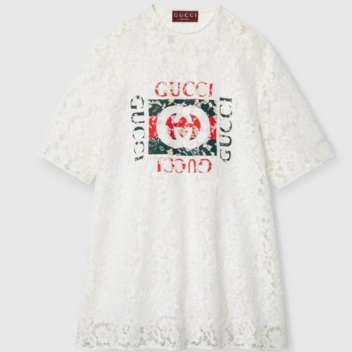 2024 بلوزة قوتشي من القطن والدانتيل المُزهر مزيّنة