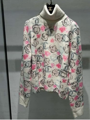 2024 كنزة شانيل صوفية بلوفر شتوي أبيض بنقشات