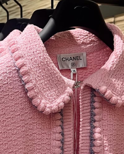 2015 سترة شانيل جاكيت قطن حريري أبيض أو وردي