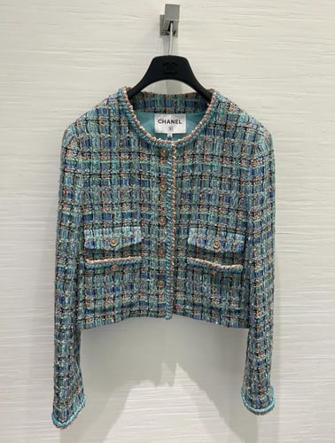 2025 سترة شانيل جاكيت تويد أخضر فيروزي